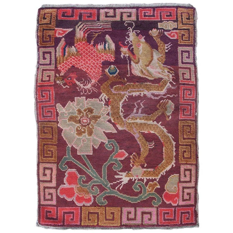 Eccentric Antique Tibetan Dragon and Phoenix Sitting Design Rug; InvNr. DG-0208