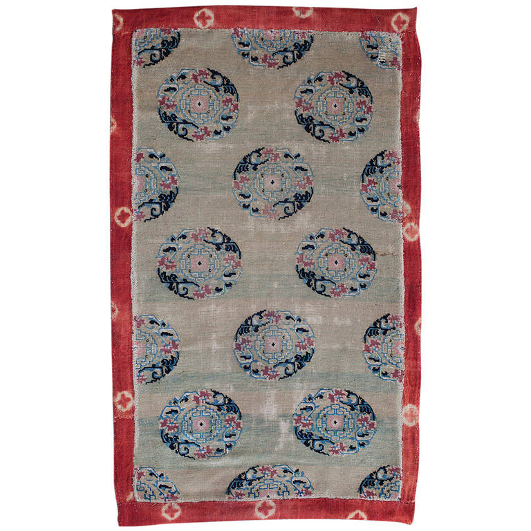 Rare Antique Tibetan Chinese Silk Brocade Pattern Medallion Khaden Rug; DG-0256
