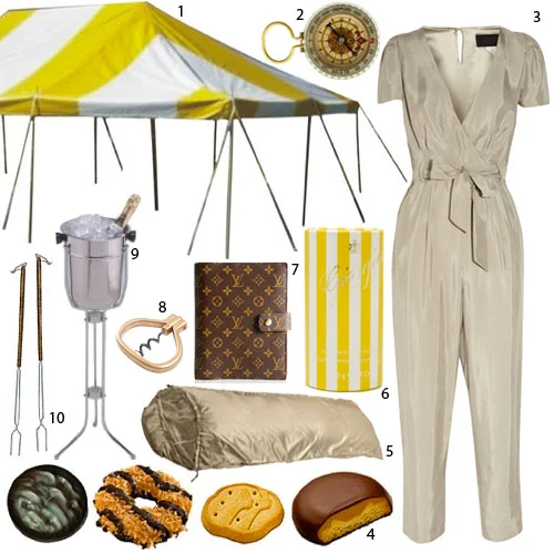 1. Yellow and White Striped Tent , $1400; 2. Glow in the Dark Compass , $5; 3. J.Crew Satin Jumpsuit , $300; 4. Girl Scout Cookies , $4; 5. Desert Sleeping Bag , $84; 6. Giorgio Body Powder , $2; 7. Louis Vuitton Agenda Book , $535; 8. Pocket Corkscrew , $54; 9. Champagne Stand , $30; 10. Marshmallow Skewers , $34/set of 9