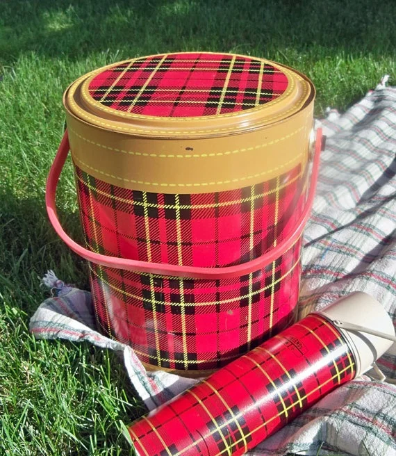 Vintage Plaid Ice Chest and Thermos