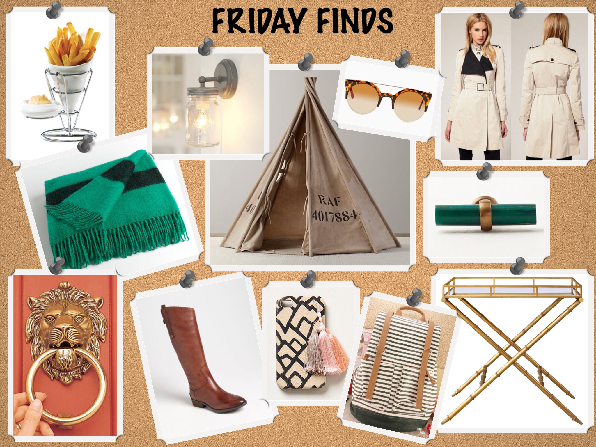 Clockwise from left to right: Remy Olivier Think Kitchen Fries For Me Set | Green Caribou Throw Exeter Sconce | Recycled Canvas Tent | Bueller Shades-Tortoise | Beige and Black Trench Coat | Emerald Antler Tusk Knob | Bungalow 5 Normandy Gold Table | Sky Blue and White Striped Backpack | Tarsus iPhone Case | Sam Edelman "Penny" Boot | Lion's Head Brass Knocker 