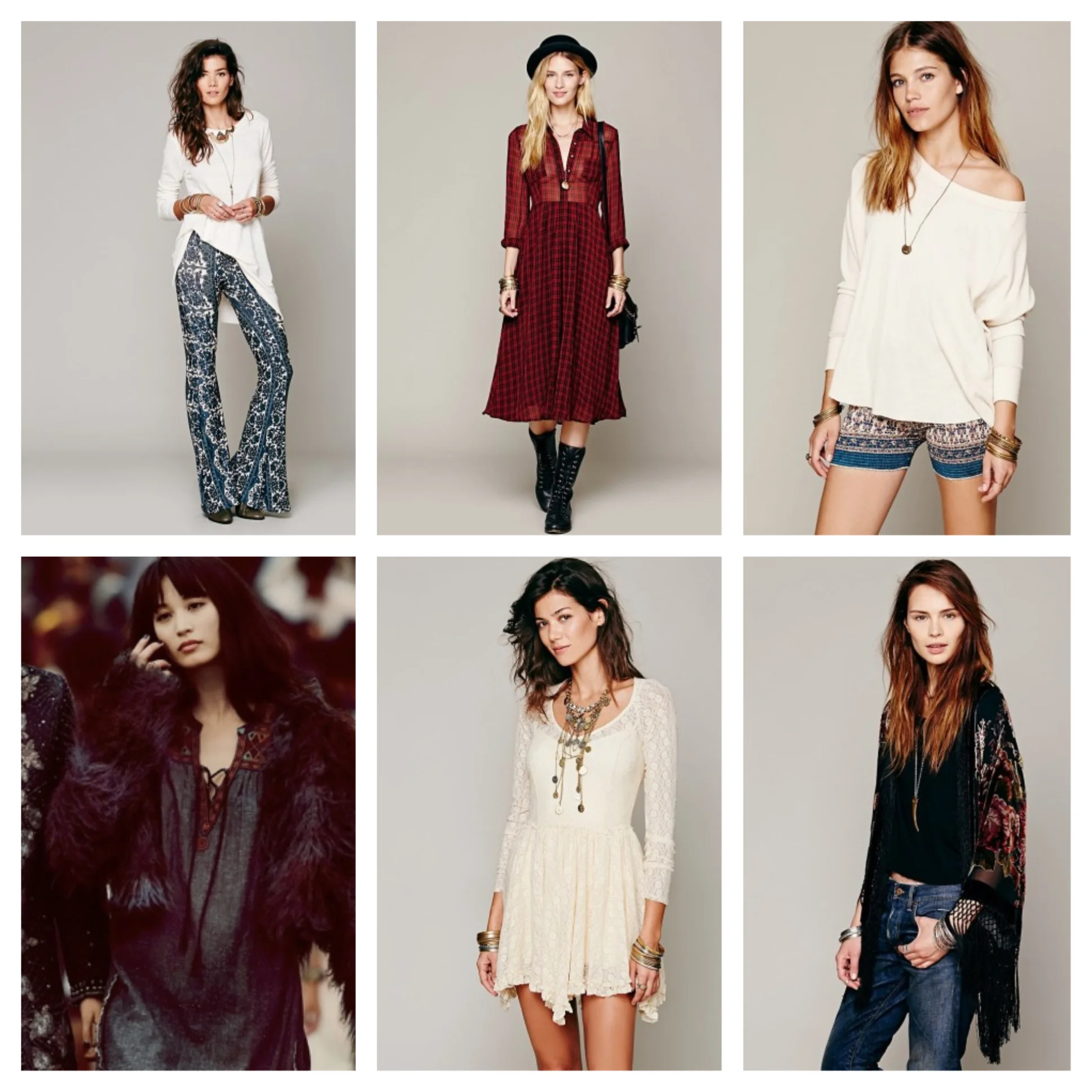 Clockwise from left to right: Novella Royale Border Print Bell Bottoms | Lou Buttondown Dress | Smocked Bike Shorts | Technicolor Vegan Fur Coat | Long Sleeve White Lace Dress | Black Floral Kimono
