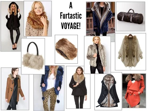 Clockwise from left to right: Black Wool Faux Fur Trim | Faux Fur Funnel Snood | Denim Fur Padded Overcoat | Faux Fur Mink Travel Blanket | Fur Collar Oatmeal Cardigan | Red Bowknot Worsted Coat with Faux Fur Lapel | Fur Lined Black Raincoat | Gray and White Faux Fur Coat | Alice + Olivia Evana Coat with Fur Trim | Faux Fur Headband | Blue Fur Coat | Snow Faux Fur Earmuffs | Duffle Coat with Fur Hood