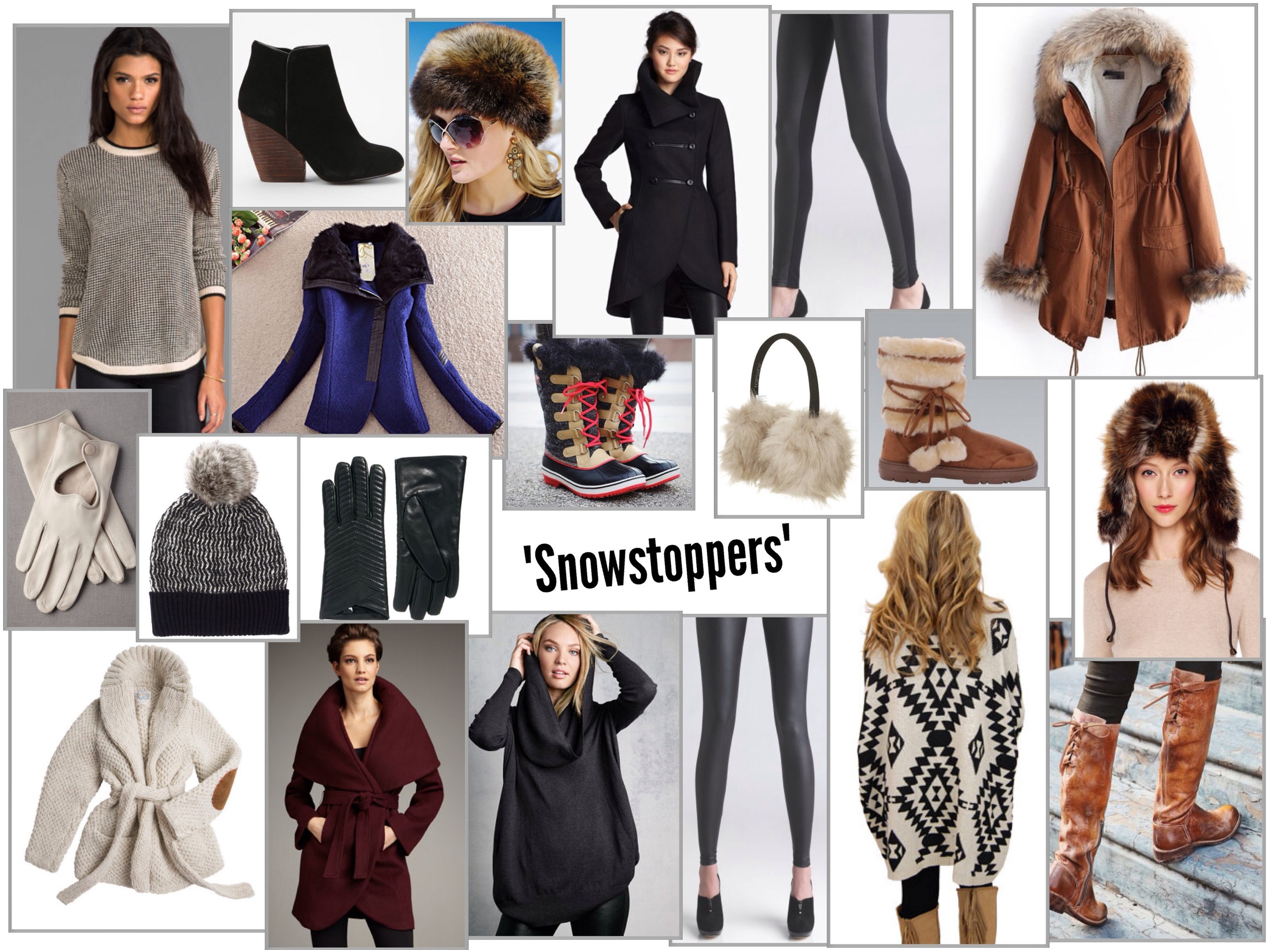 From left to right . Row 1: Simone Sweater | Ecote Growler Suede Ankle Boot | Tanuki Faux Fur Russian Hat | Mackage Black Double Breasted Coat | Front Face Leather Legging | Faux Fur Lined Brown Winter Coat Row 2: Affectionate Adieu White Leather Gloves | Zig Zag Beanie | Black Leather Quilted Gloves | Tofino Herringbone Boot | SNO Faux Fur Earmuffs | Brown Faux Fur Tie Up Winter Boots | Fox Faux Fur Patchwork Trapper Hat Row 3: Mexchic Heritage Sweater | Marla Wrap Coat | Multi-Way Sweater | Cracked Faux Leather Legging | The Sierra Sweater | Manchester Tall Boot