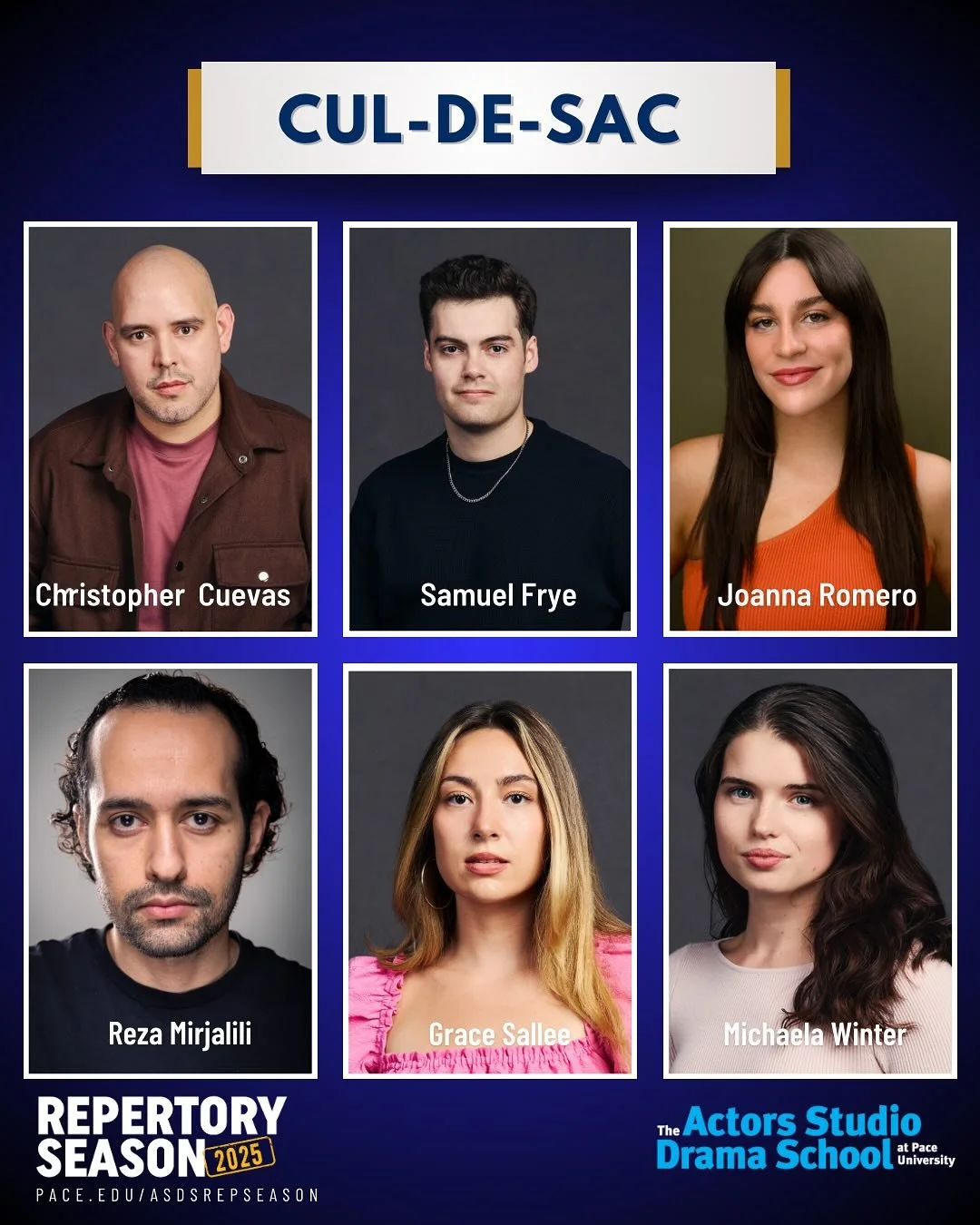 Introducing the cast and creative team for the shocking comedy &lsquo;cul-de-sac&rsquo; by John Cariani. 

Directed by Dougie Robbins 

Cast: Christopher Cuevas, Samuel Frye, Reza Mirjalili, Joanna Romero, Grace Sallee, Michaela Winter

Performances 