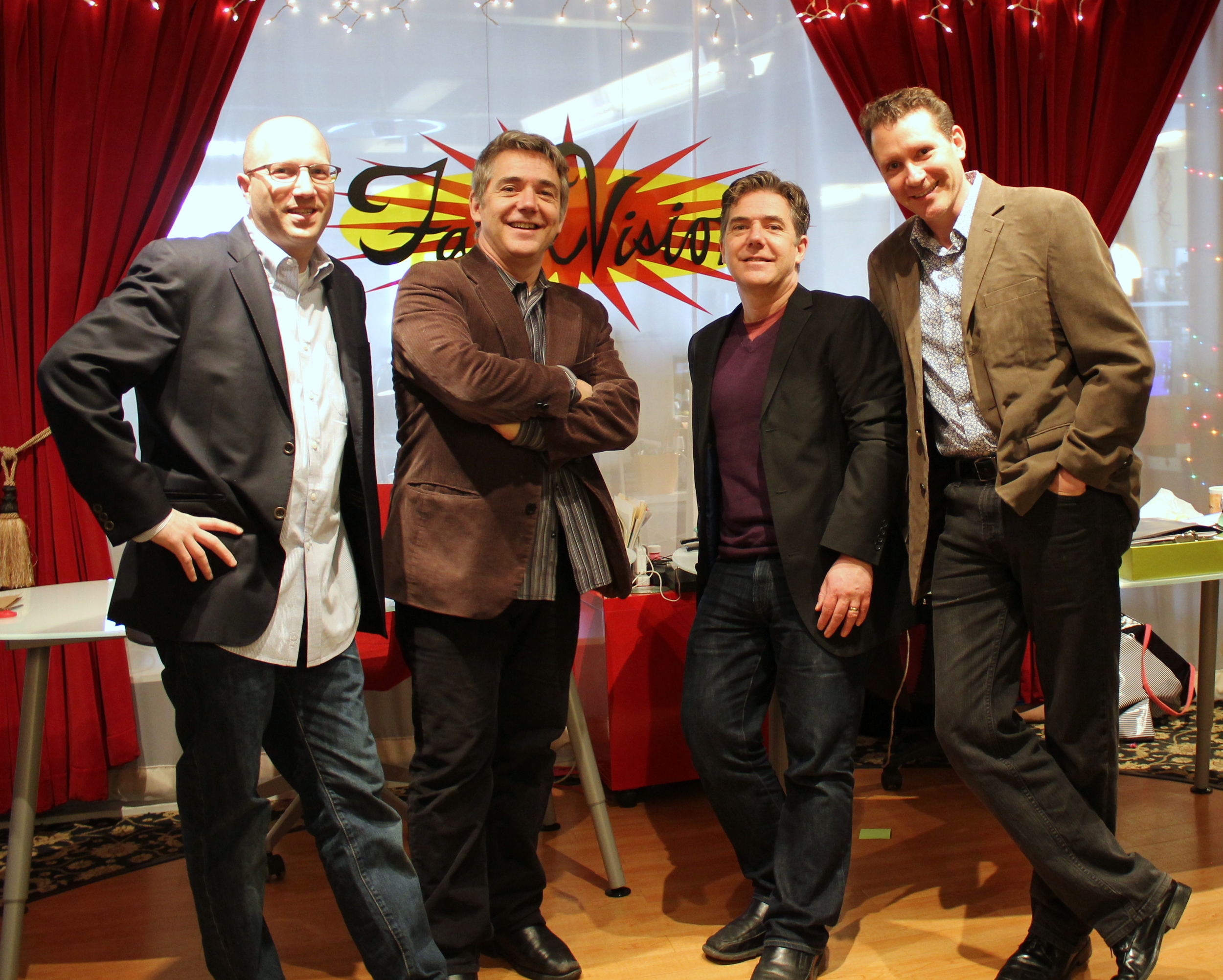 Pictured from left, Gary Goldberger, president of FableVision, Peter H. Reynolds, co-founder of FableVision and New York Times best selling author/illustrator, Paul Reynolds, CEO of FableVision, welcome Tone Thyne, to FableVision Studios.