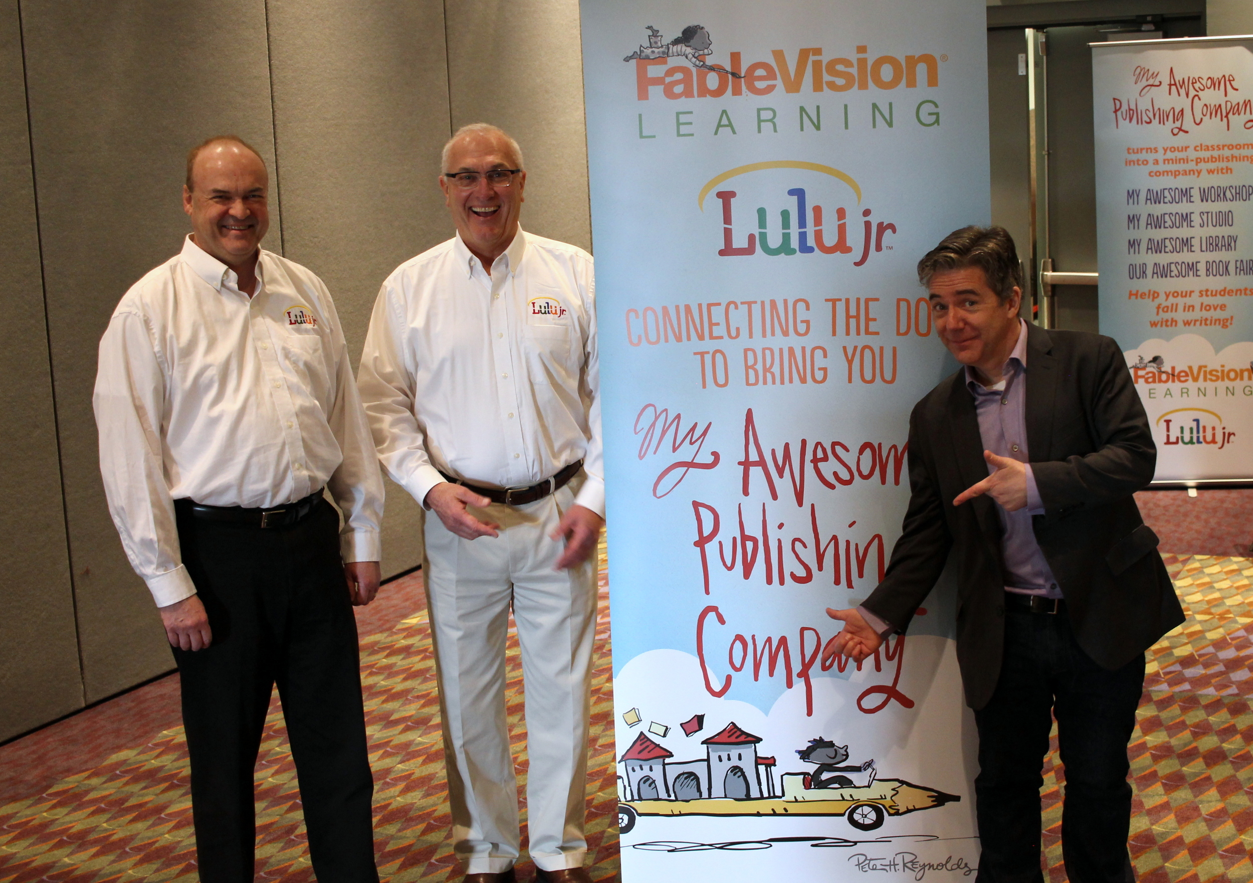 FableVision Learning and Lulu Jr. announced their partnership to develop My Awesome Publishing Company! at FETC on Jan. 20-23 in Orlando, Florida. Pictured from left, Geoff Wood, Senior Vice President, Sales and Marketing at Lulu.com , Will Jahnke, and Paul Reynolds, CEO of FableVision.
