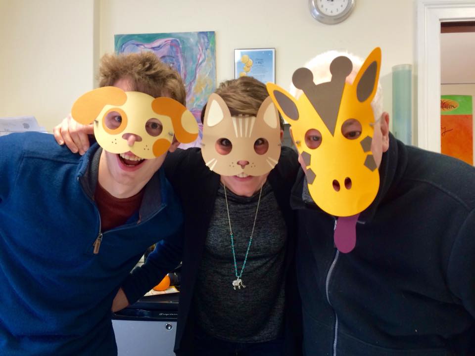 FableVision Learning's Patrick Condon, Andrea Calvin, and Bill Norris, wearing carnival-themed animal masks made in Fab@School Maker Studio.