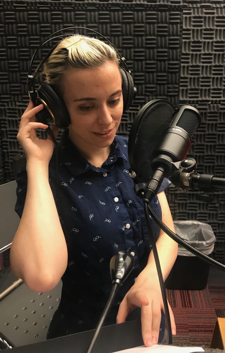 Production Designer Christina Kelly recording voiceover for Nutmeg. 