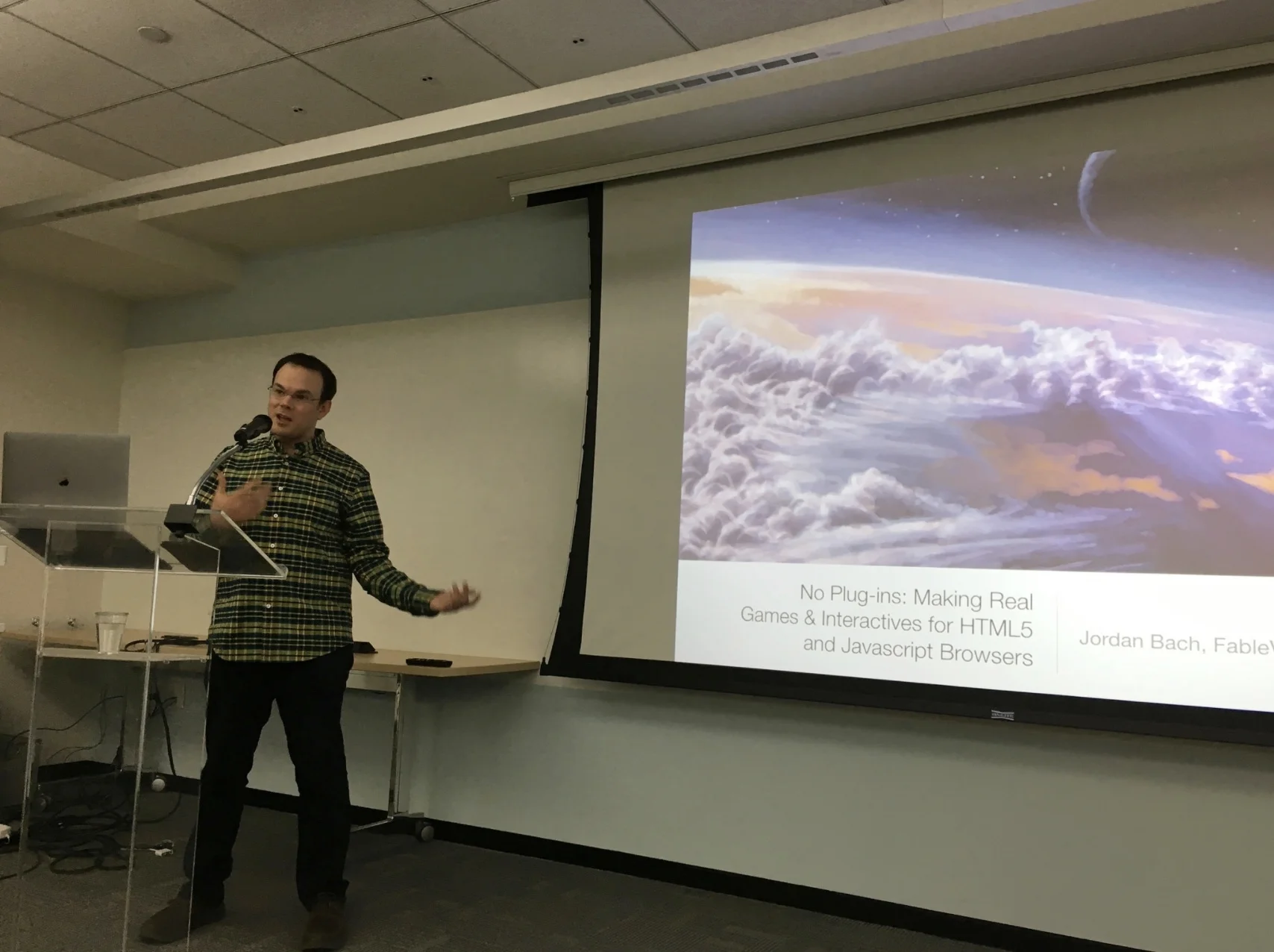 Jordan giving a talk on making a full blown interactive/gaming application with a pure HTML5/Javascript front-end.