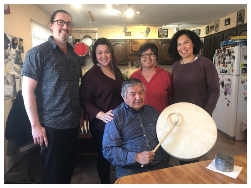Core Alaska Native Advisory Group. Pictured from left to right: Dewey Kk'ołeyo Hoffman, Rochelle Adams, Elder Luke Titus (seated), Adeline P. Raboff. Also pictured, Creative Producer Princess Daazhraii Johnson (far right).