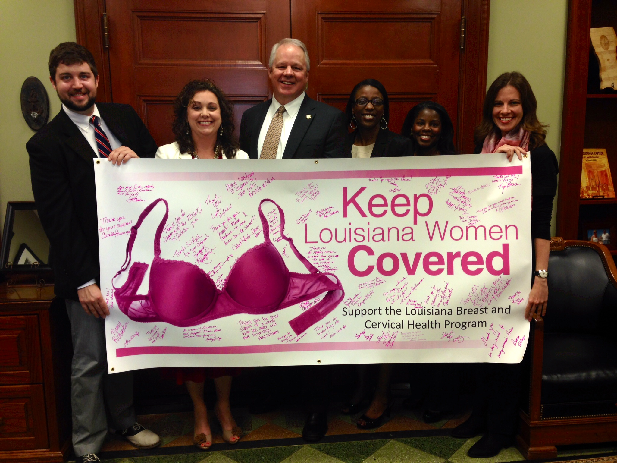 Pictured, left to right: Ryan West, American Cancer Society; Heather Blanchard, Acadiana Affiliate of Susan G. Komen; House Speaker Chuck Kleckley; Nannozi Ssenkoloto, LBCHP Program Manager; Tiffany Carriere, Baton Rouge Affiliate of Susan G. Komen; and Lydia Kuykendal, Louisiana Cancer Prevention and Control Program Policy Coordinator. April 2014.