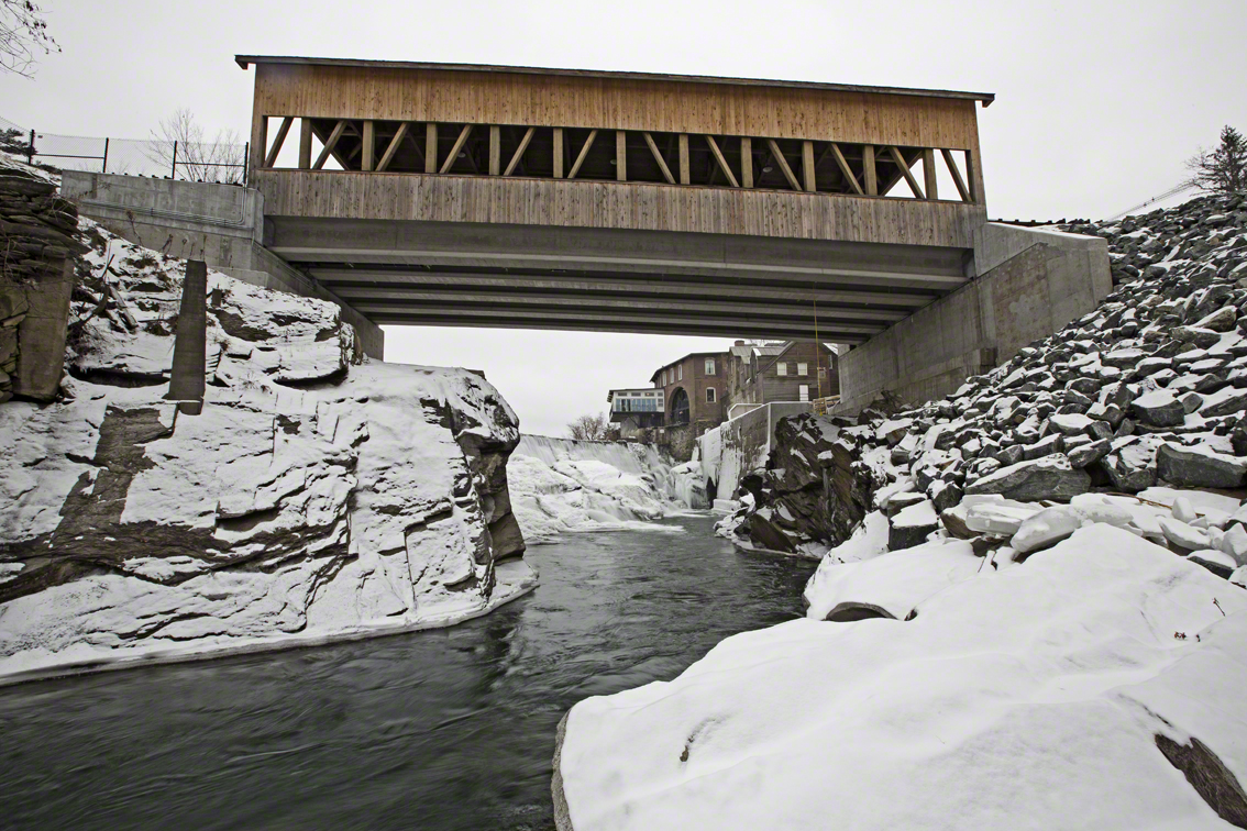 the new re-enforced quechee covered bridge, the old one was severely damaged by flood waters during tropical storm irene in 2011.