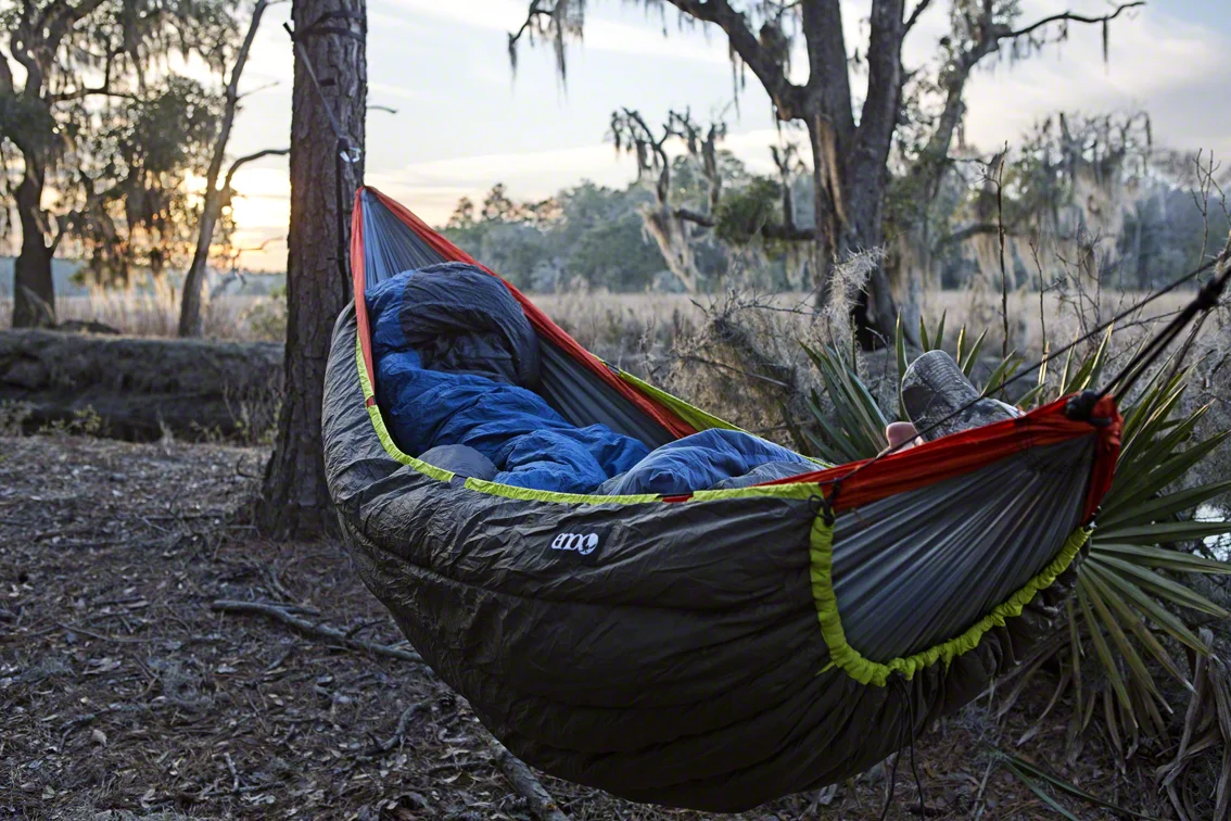 my bed for the night, brandy new blaze under quilt thanks to my friends at ENO . this sucker will keep ya toasty down to 30 degrees, which greatly lengthens my hanging season. i had to kick anthony out after a while….