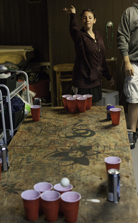 sara rod nailing it at beer pong, on the original thirsty thursday table from rit, circa 2002