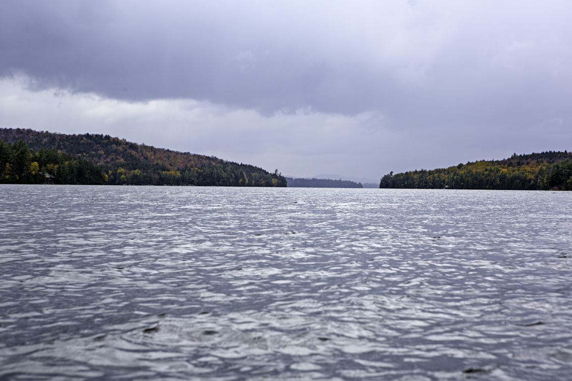 the rain that we just paddled through, on the narrows section of upper sarnac lake