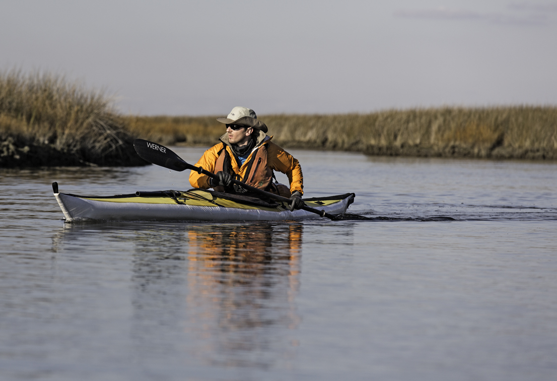Frank maneuvering one of the small creeks in the interior of Jane's Island.