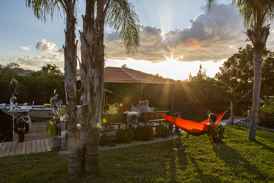 Happy hour at the canal, these palm trees are the perfect place for a hammock.
