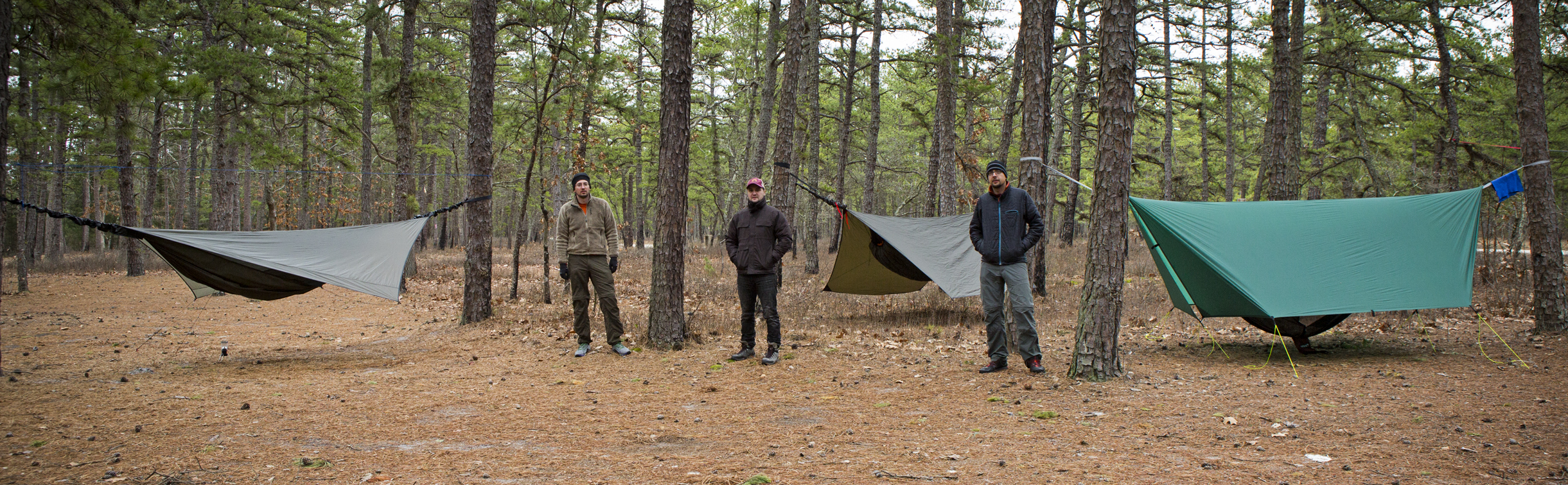 We had a great hang in the Pinebarrens recently. Frank got to use his new hennessy hammock and 0 degree bag, Loren tested out his new underquilt, and I got to try out the aquaquest tarp that I modified to use with my hammock for foul weather, it now has doors.