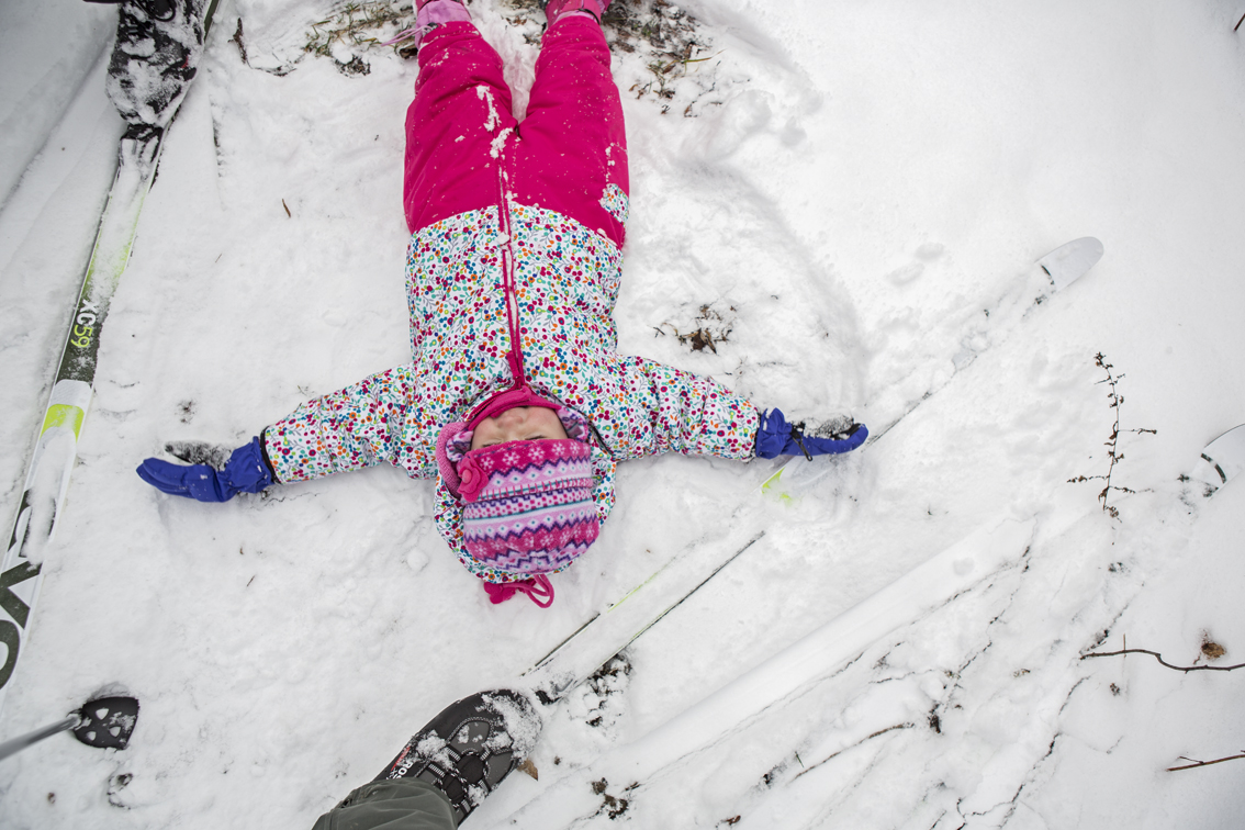 She fell out around a bend and immediately began doing snow angels.