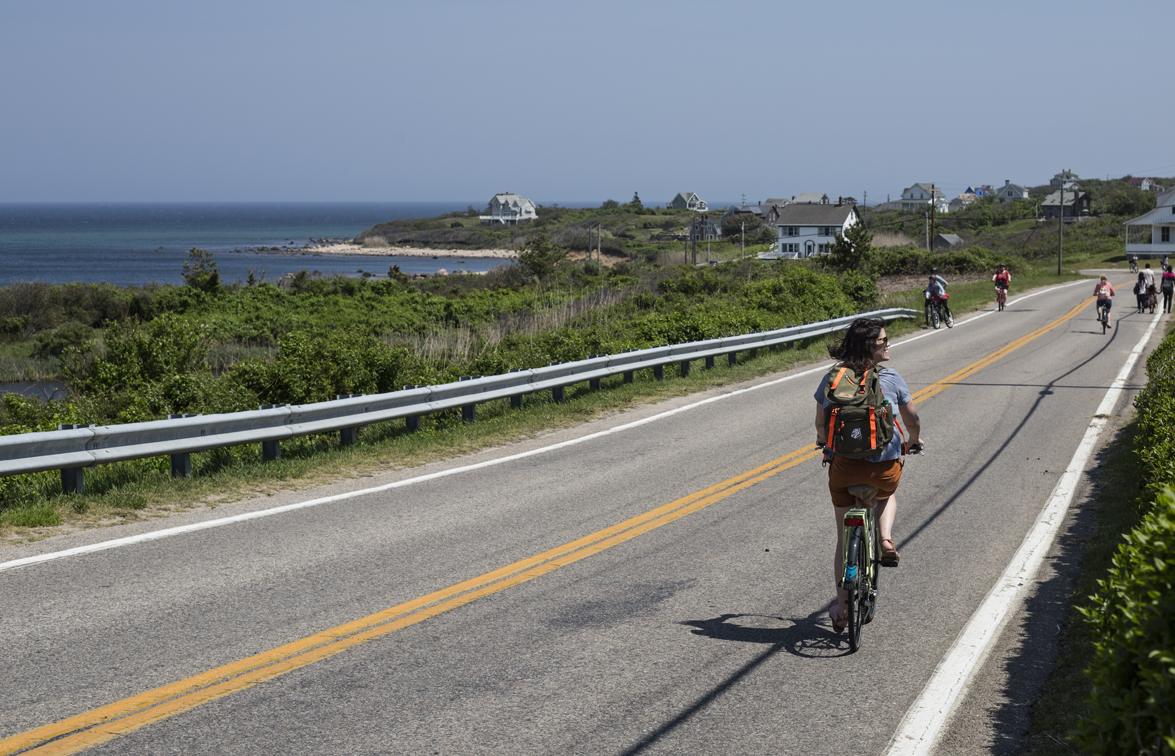 Sloane cruising down the road to Mohegan Bluffs.