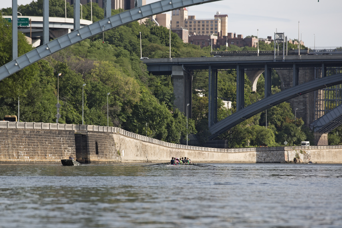 A crew of folks learning to row on the Harlem River. We must've passed at least 5 of these groups, all coming from the Peter J Sharp Boathouse. It was good to see some other paddlers. One of those bridges is I-95.