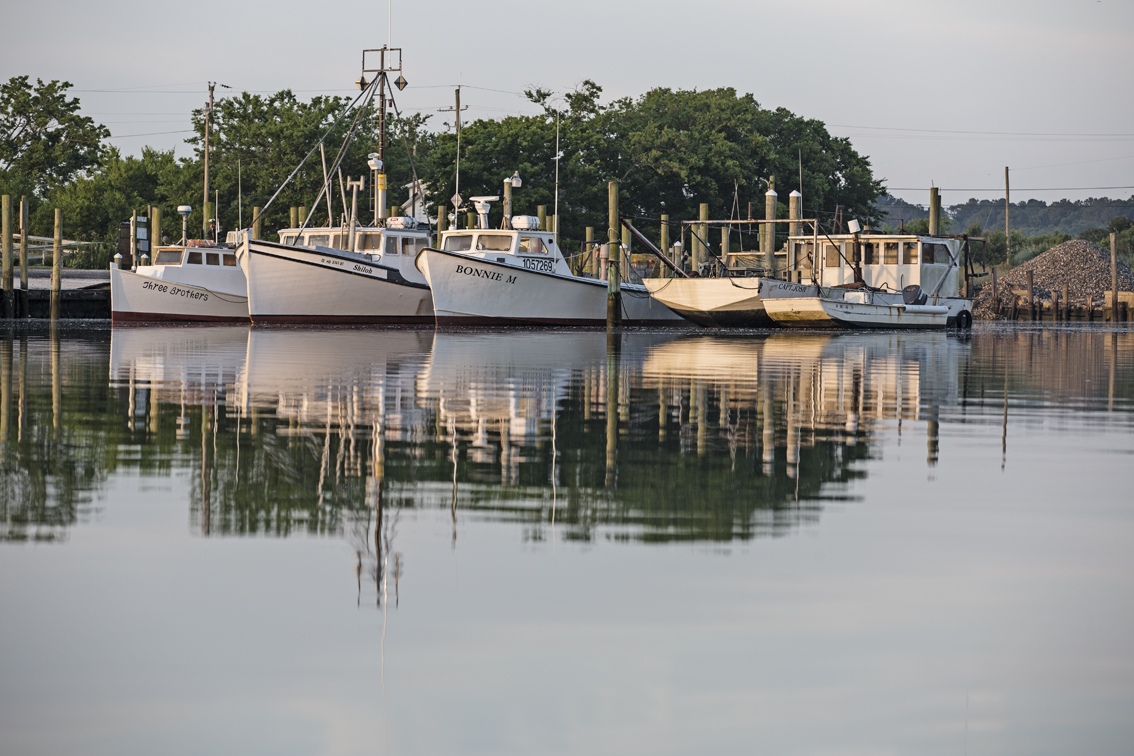 A fleet of boats in the Oyster harbor, check out that pile of oyster shells in the background.