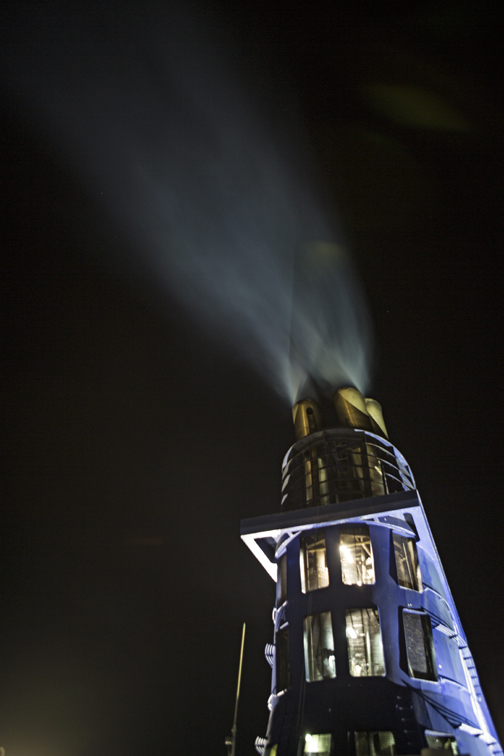 Late night shot of the smoke stack billowing that pollution into the crisp sea air. I found out its pretty much impossible to use a tripod on a cruise ship - everything shakes like crazy.