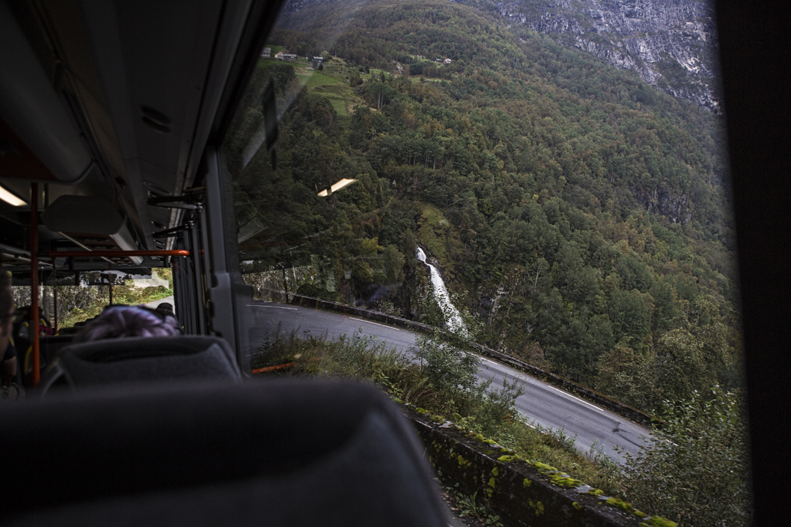 Coming up on a hairpin bend, at close to a 20% grade. Sivelfossen waterfall in the background.