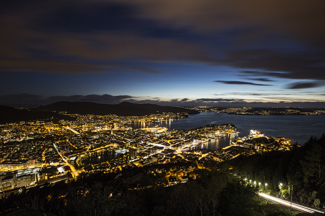 One last shot of Bergen at dusk - the bright lights on the bottom right are from the tram, which carries people up mountain from the city below.