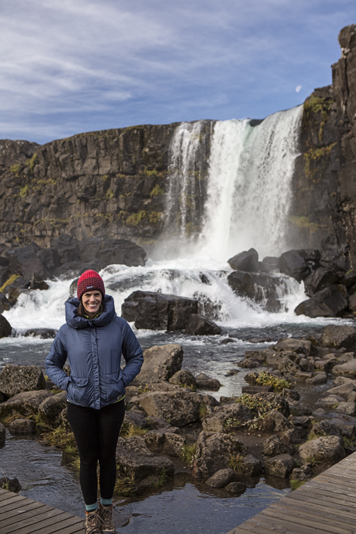 Sloane at Oxarofoss waterfall in Þingvellir National Park .