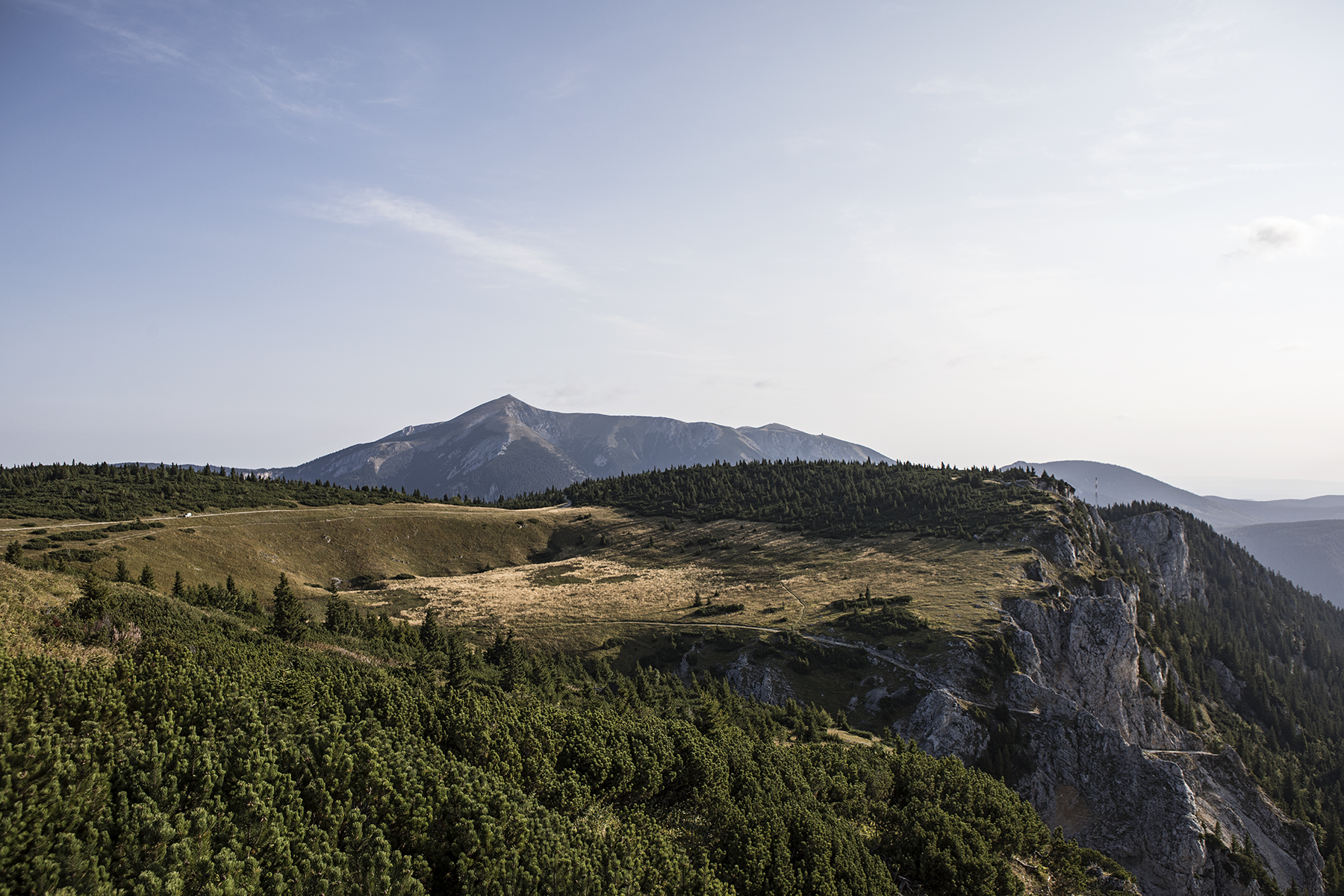 View descending from Jakobskogel, towards our mountain house. In the middle of the image you can see a steep rocky trail called Törlweg, which I wanted to hike up from the bottom, but I opted for the cable car ride to help keep Sloane happy.