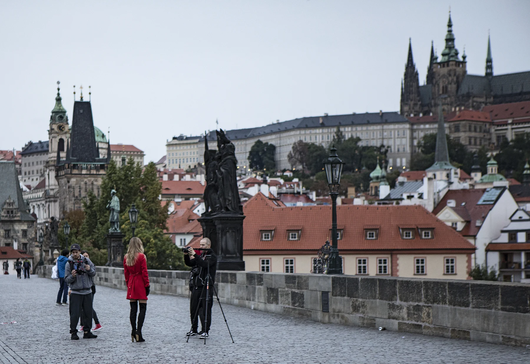 Fashion shoot early morning on the Charles Bridge.