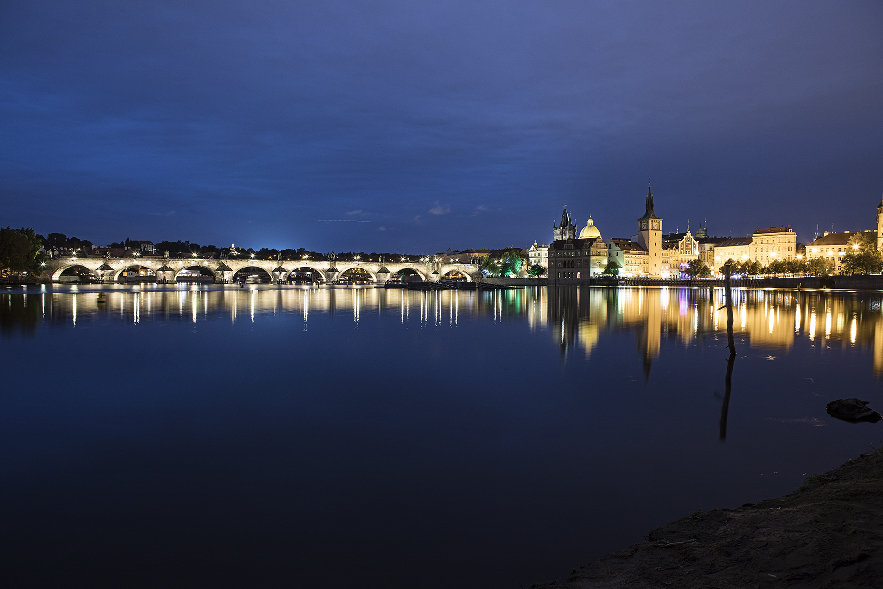 Charles Bridge and old town as seen from Shooter's Island in the Vltava River.