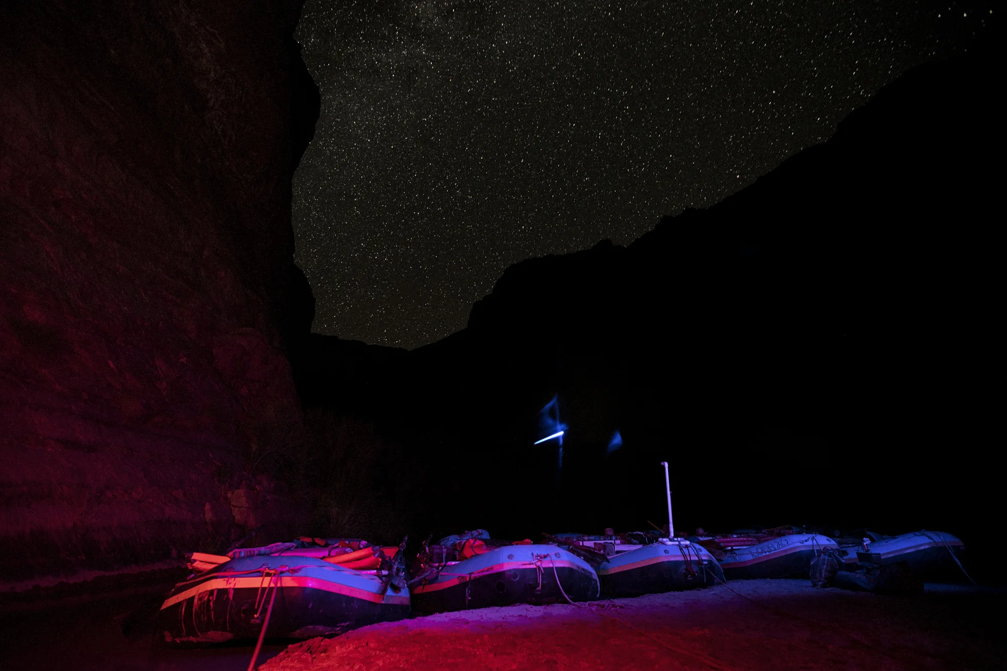 Some serious stars and our boats, tied off only to sand spikes for the night.