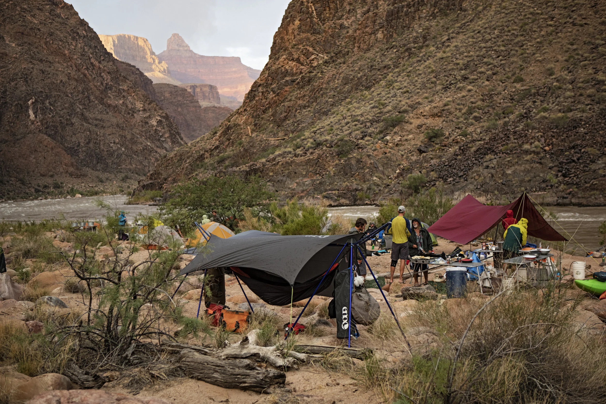 A windy evening in the canyon one of the few times I set up a tarp, it was quickly taken back down after the rain.
