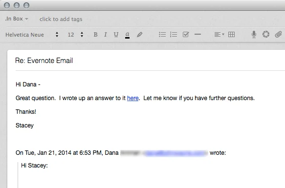 The Evernote note created from my response based on including my Evernote email in the BCC field.