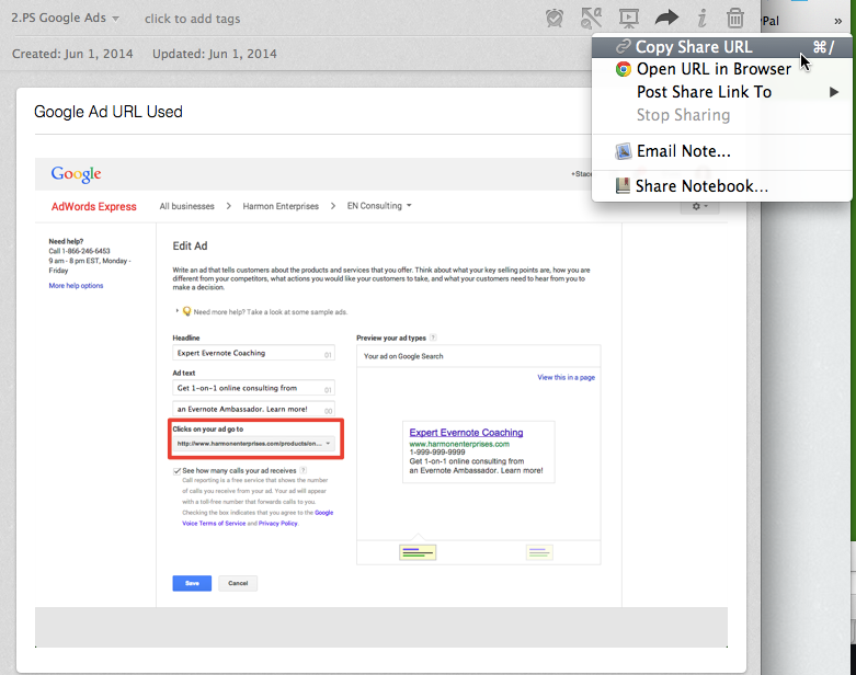 Copy Share URL command on Evernote for Mac