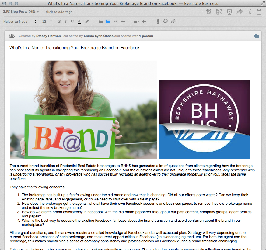 Blog post draft in Evernote with text, featured image, and post images
