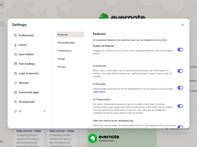 Evernote's AI features are all on by default