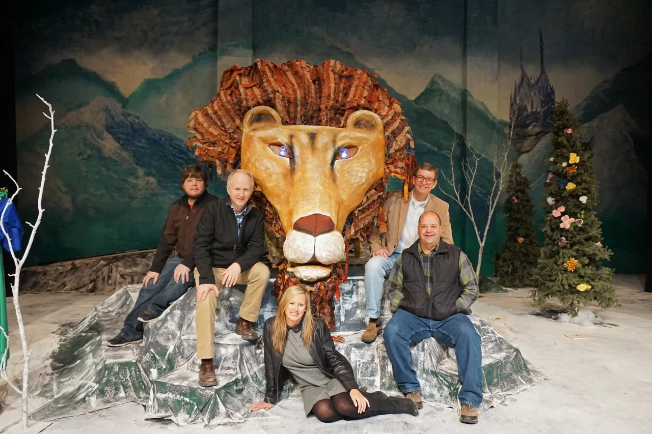 The designers of Aslan and The Lion, the Witch, and the Wardrobe set. L–R: Jonathan Freese, Eddy Efaw, Jennifer Aycock, Paul Hayes (sitting), Jeff Frizzell (behind Paul). Not pictured: Stacey Smith