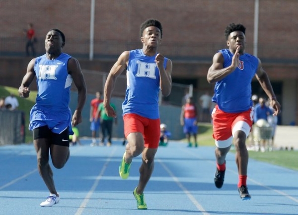 May 19, 2016: Harding Academy’s Nicholas Martin, Calvin Austin III, and MUS’s Maurice Hampton compete in the men’s 100 meter dash during the D2 regional track meet held at MUS. Austin III finished the event in first place and set a region record wit…