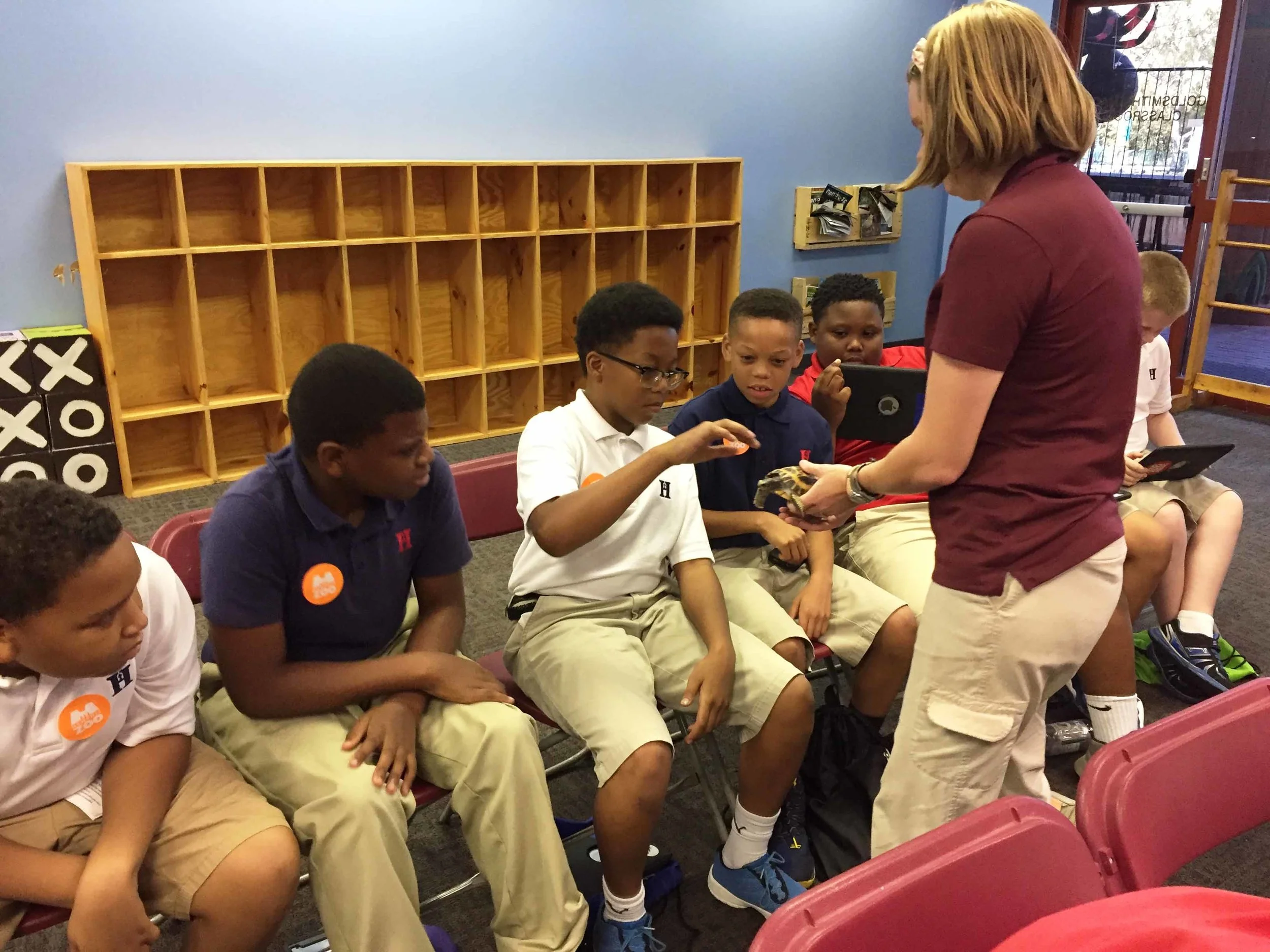 Daniel, Jaylon, Blake, RJ, and Sam get to know a Spider Tortoise.