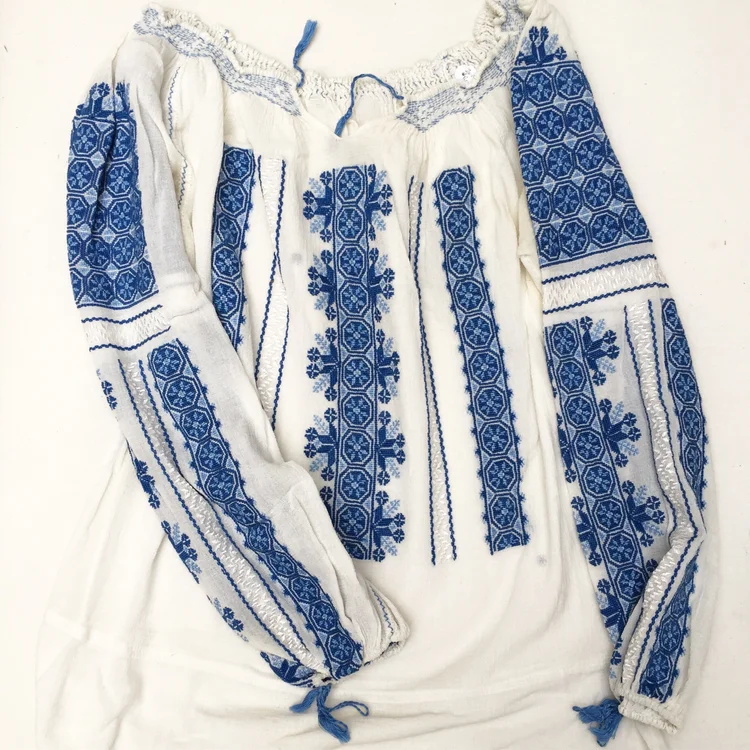 1940s Gold Blue Romanian Blouse