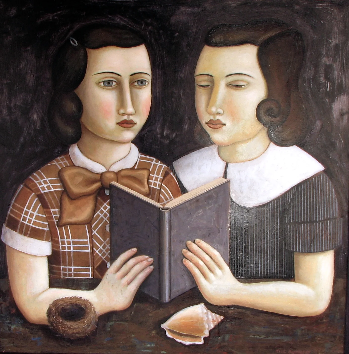 Girls sharing a book painting Rick Beerhorst