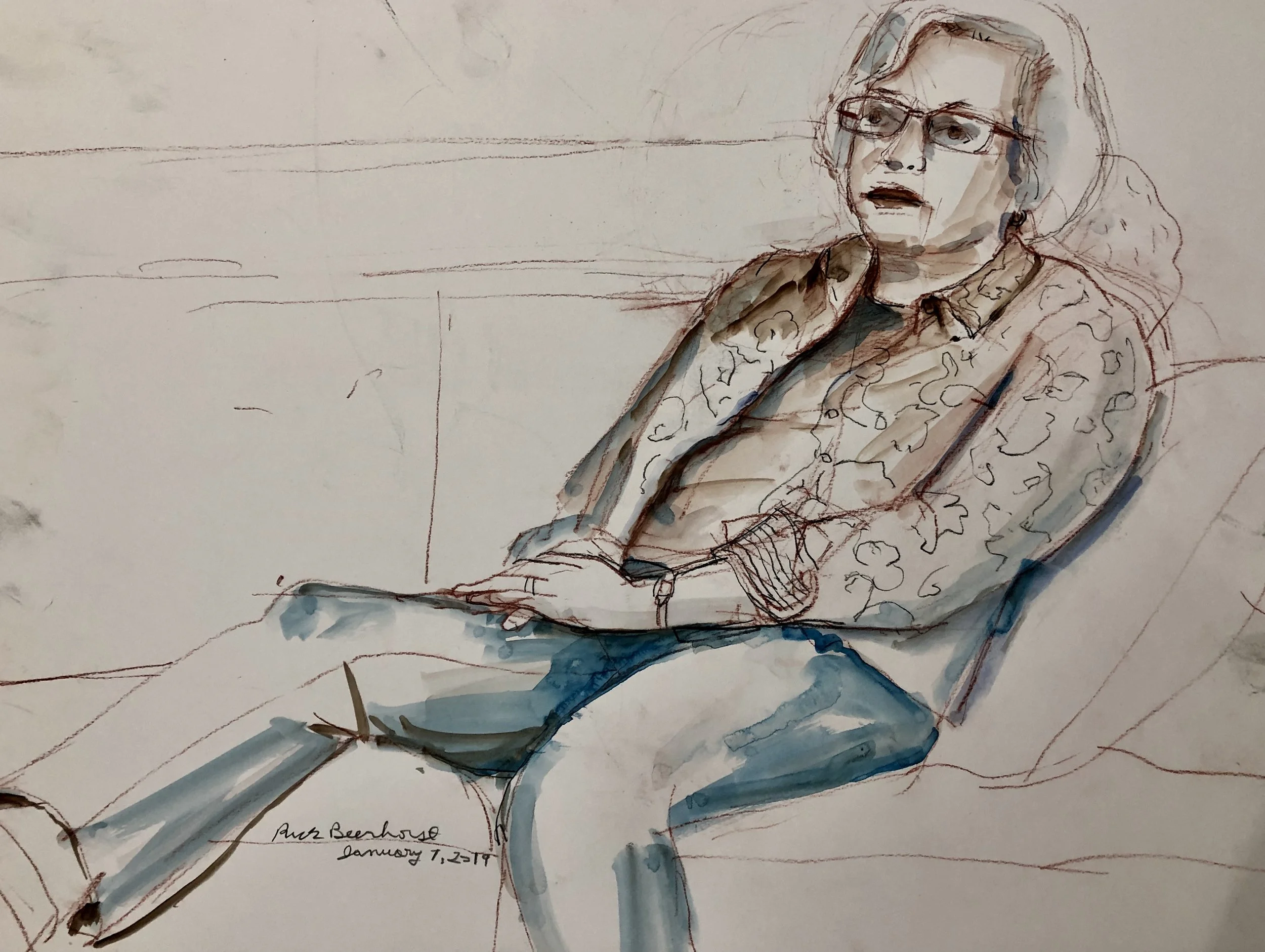 Portrait of my Mother, watercolor and conte pencil