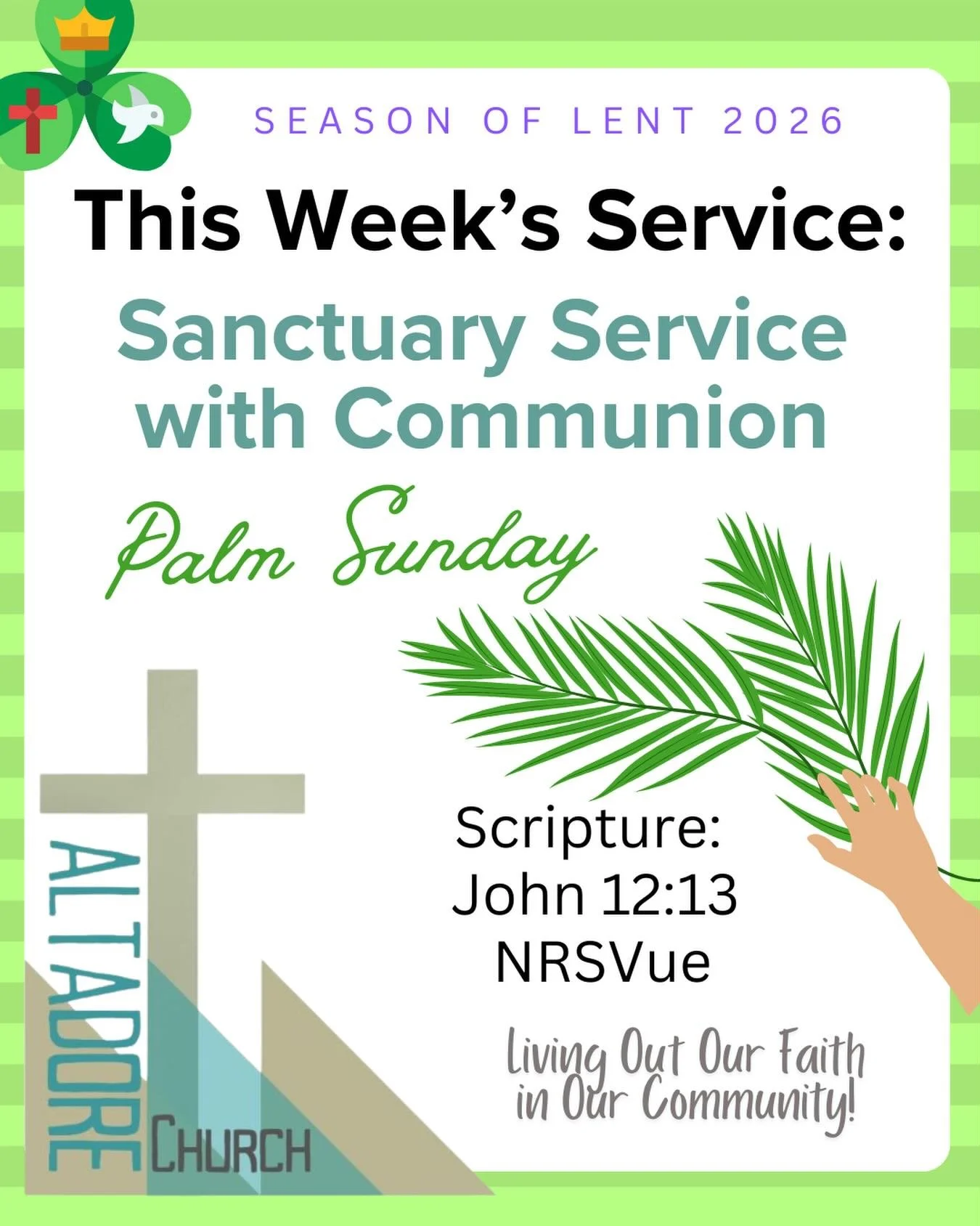 🌿Join us for our Palm Sunday Sanctuary Service with Communion, March 29 at 10 am. #altadoreyyc #calgary #church