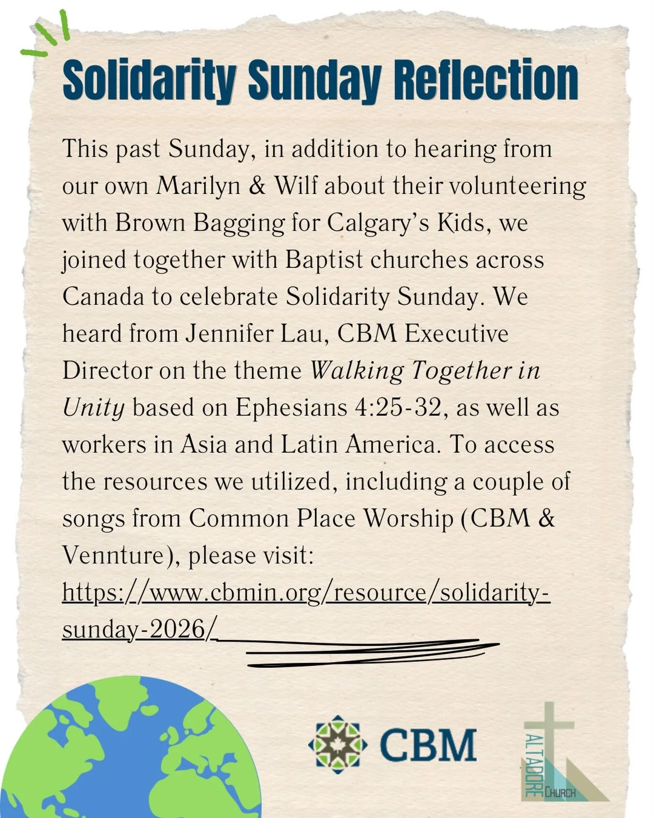 This past Sunday, in addition to hearing from our own Marilyn &amp; Wilf about their volunteering with Brown Bagging for Calgary&rsquo;s Kids, we joined together with Baptist churches across Canada to celebrate Solidarity Sunday. We heard from Jennif