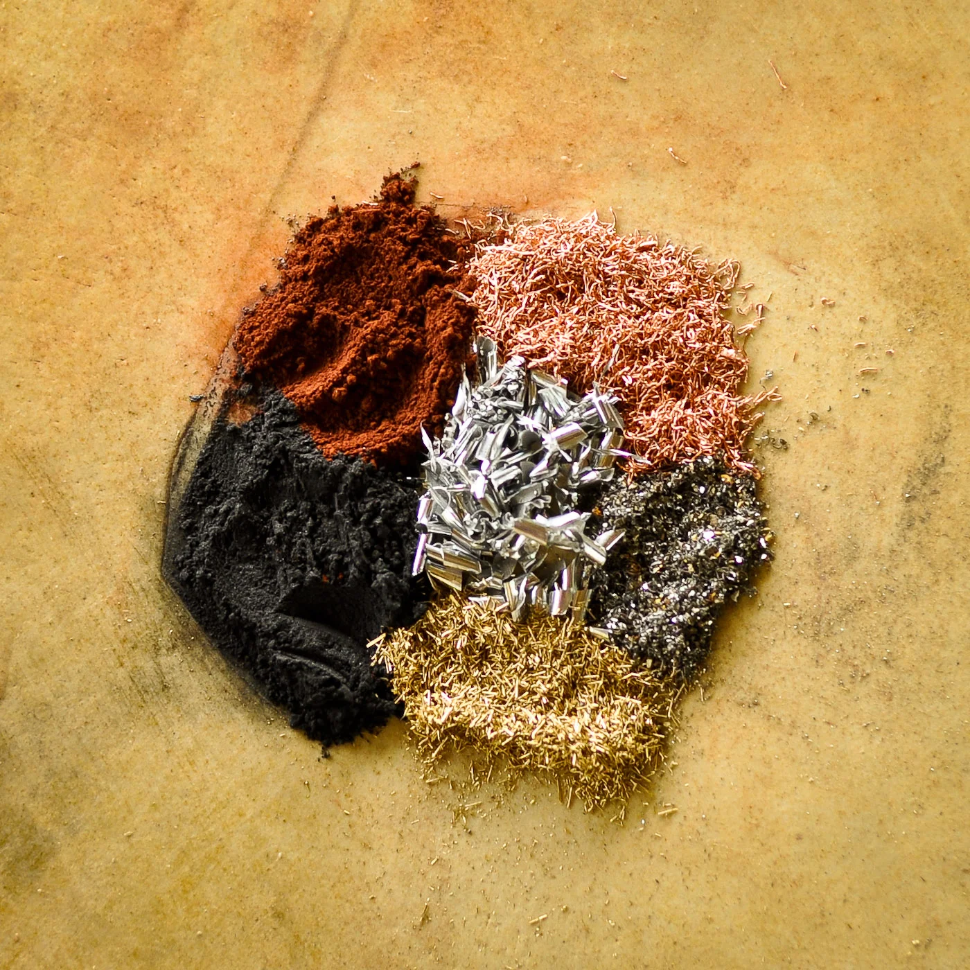 The metals; Aluminum, brass, copper, nano iron & copper oxide