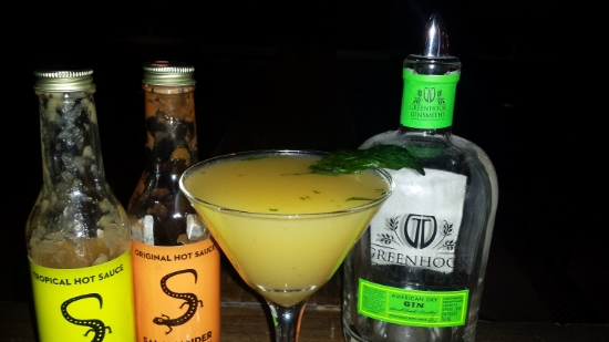 Davina of ForknPlate and Park Bar created the winning cocktail, the Co-Mander. Made with Greenhook Gin, fresh muddled basil, fresh OJ, honey-jalapeno simple syrup and equal parts Salamander Original and Tropical sauces. Garnish with a fried basil leaf dusted with smoked sea salt.